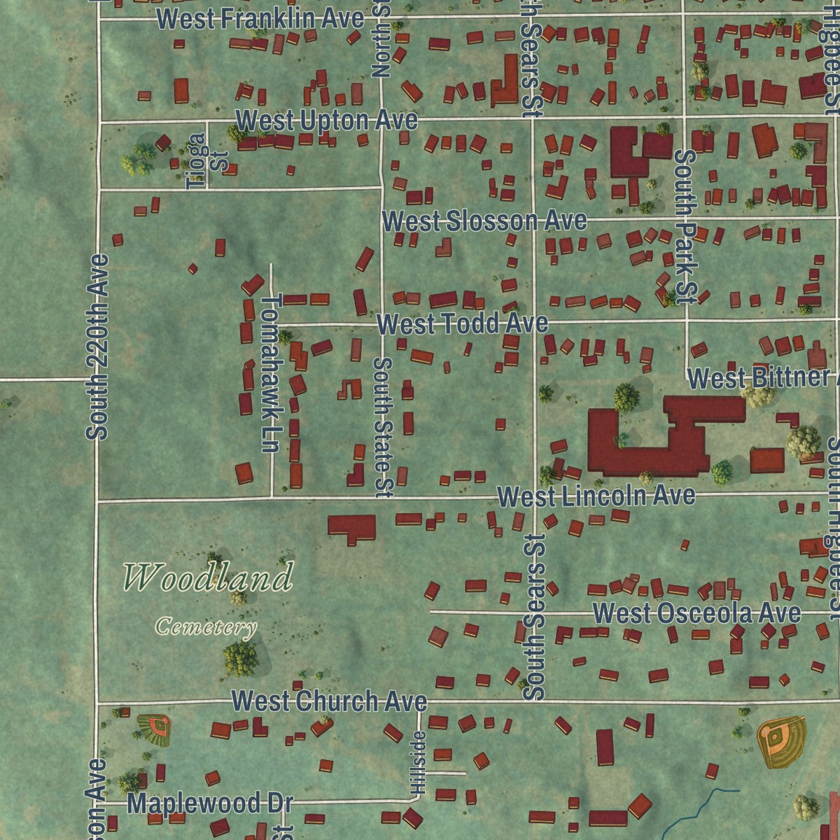 Close-up of the map of Reed City, Michigan print showing street and building detail