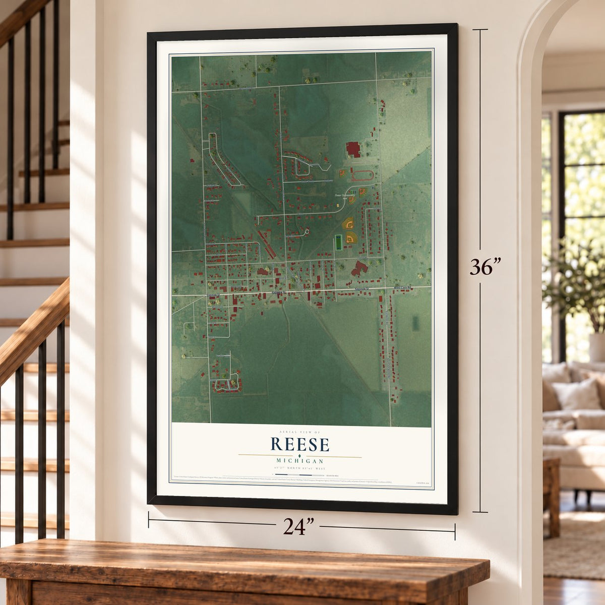 Reese, Michigan map, 24 x 36 inch print in a black frame by a staircase