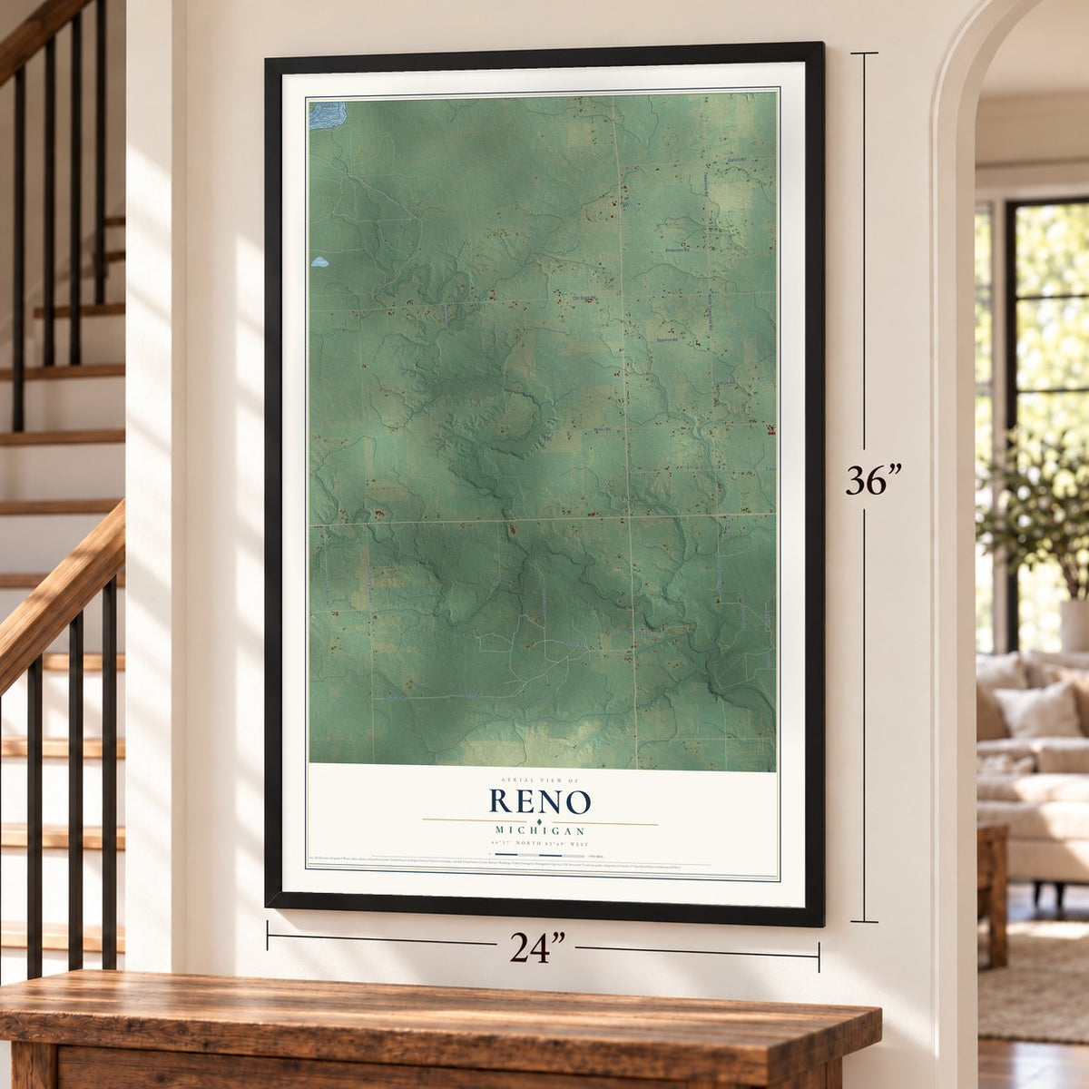 Reno, Michigan map, 24 x 36 inch print in a black frame by a staircase