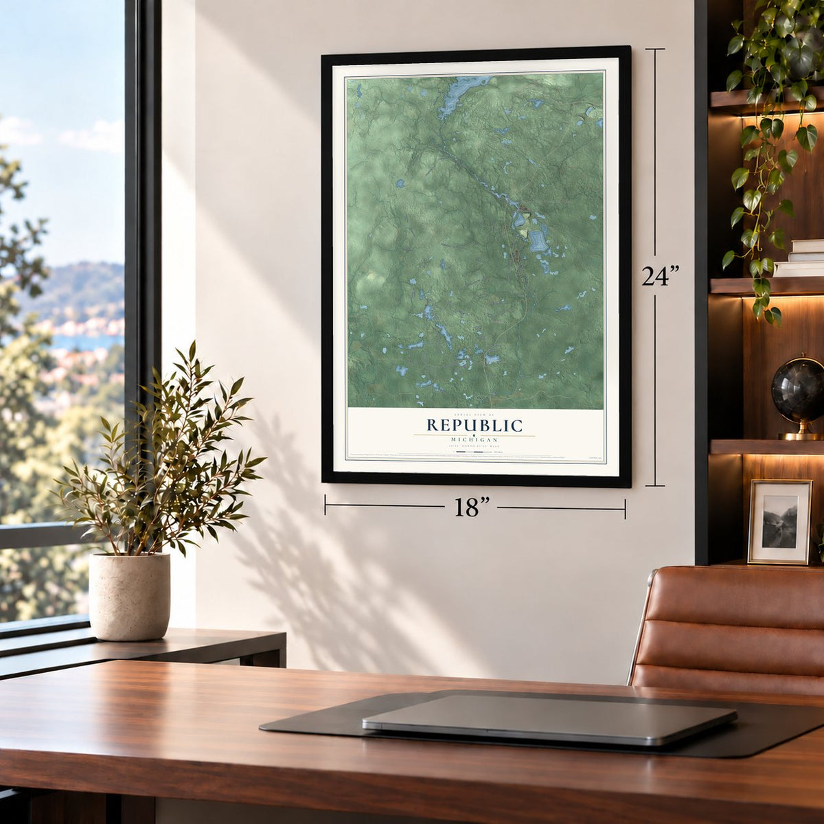 Republic, Michigan map, 18 x 24 inch print in a black frame in a home office