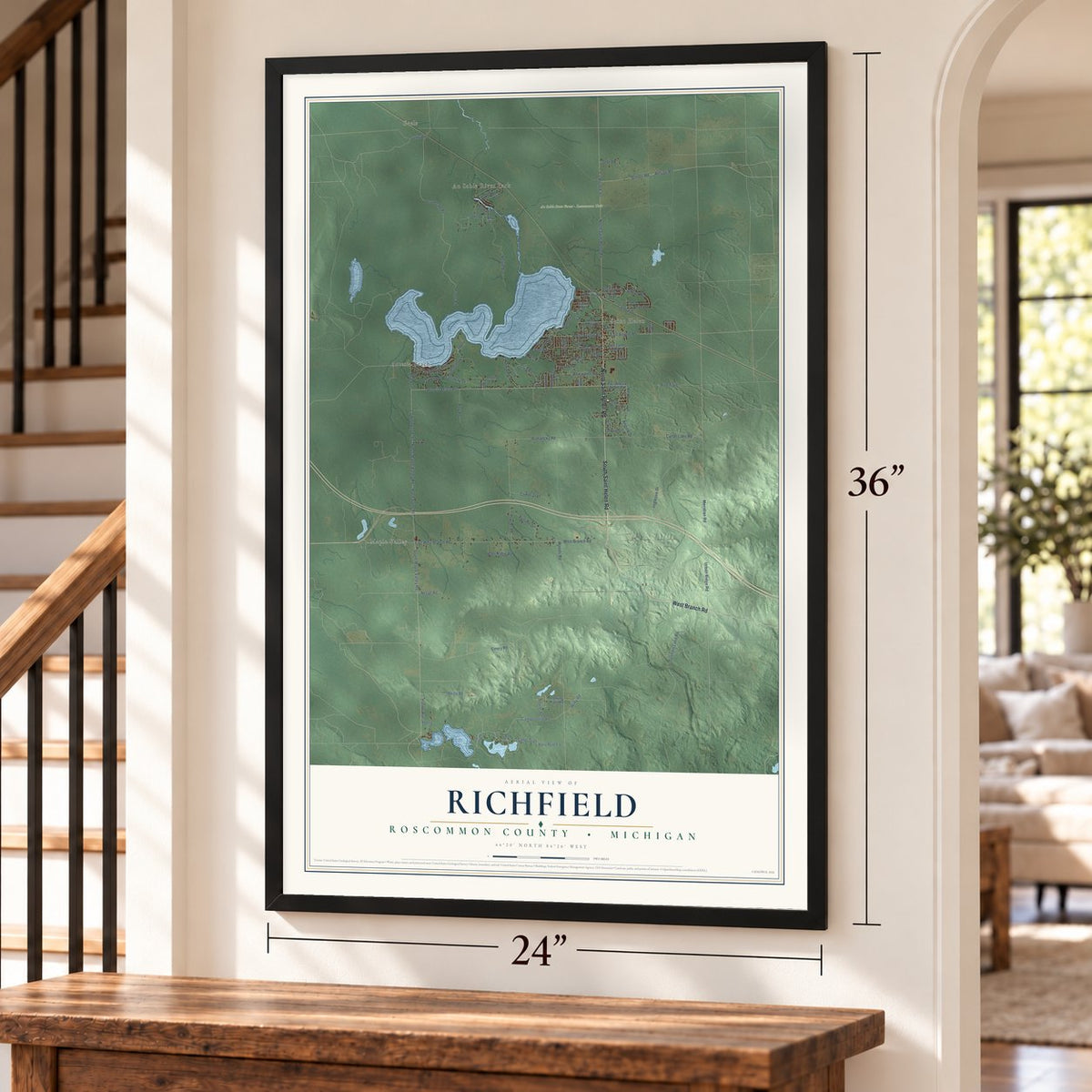 Richfield, Roscommon County, Michigan map, 24 x 36 inch print in a black frame by a staircase