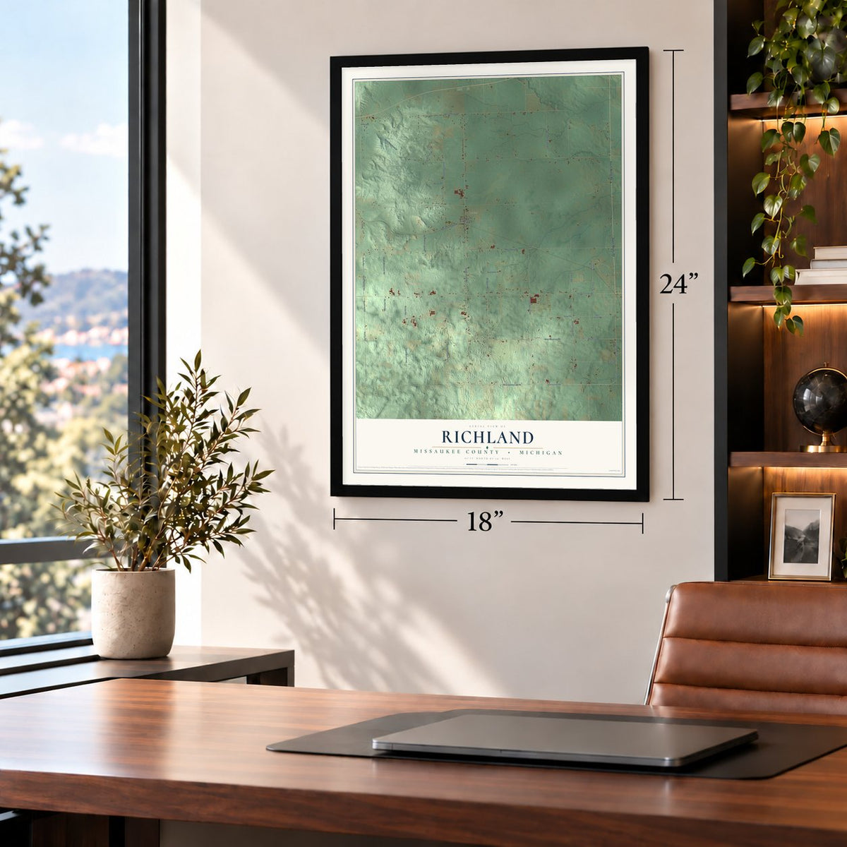 Richland, Missaukee County, Michigan map, 18 x 24 inch print in a black frame in a home office
