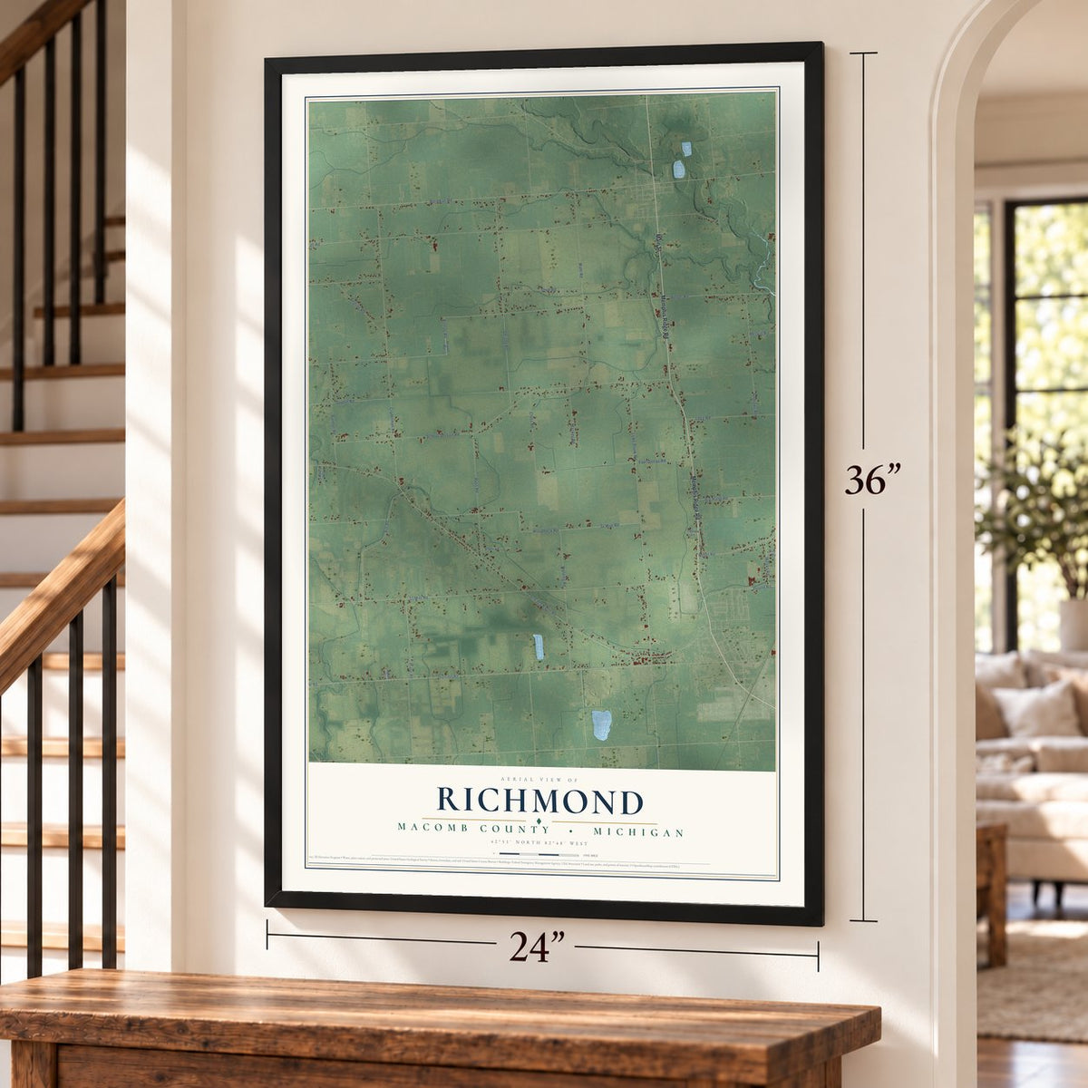 Richmond, Macomb County, Michigan map, 24 x 36 inch print in a black frame by a staircase