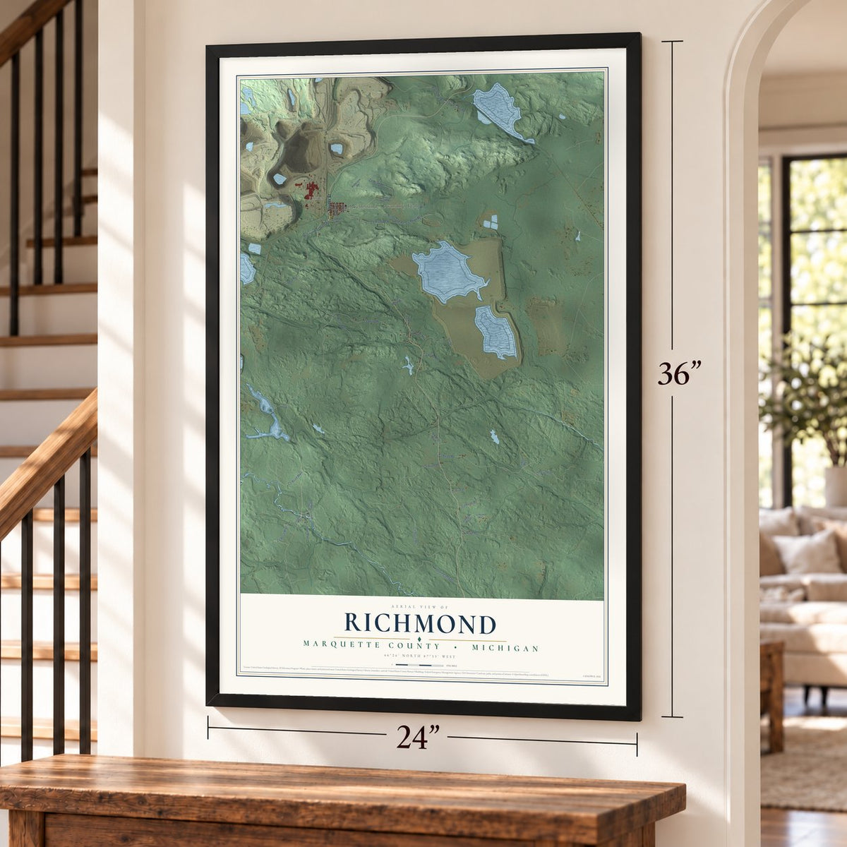 Richmond, Marquette County, Michigan map, 24 x 36 inch print in a black frame by a staircase