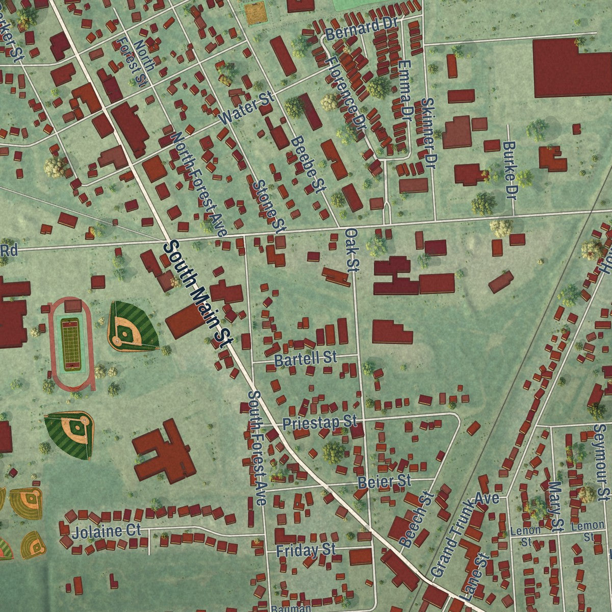 Close-up of the map of Richmond, Michigan print showing street and building detail
