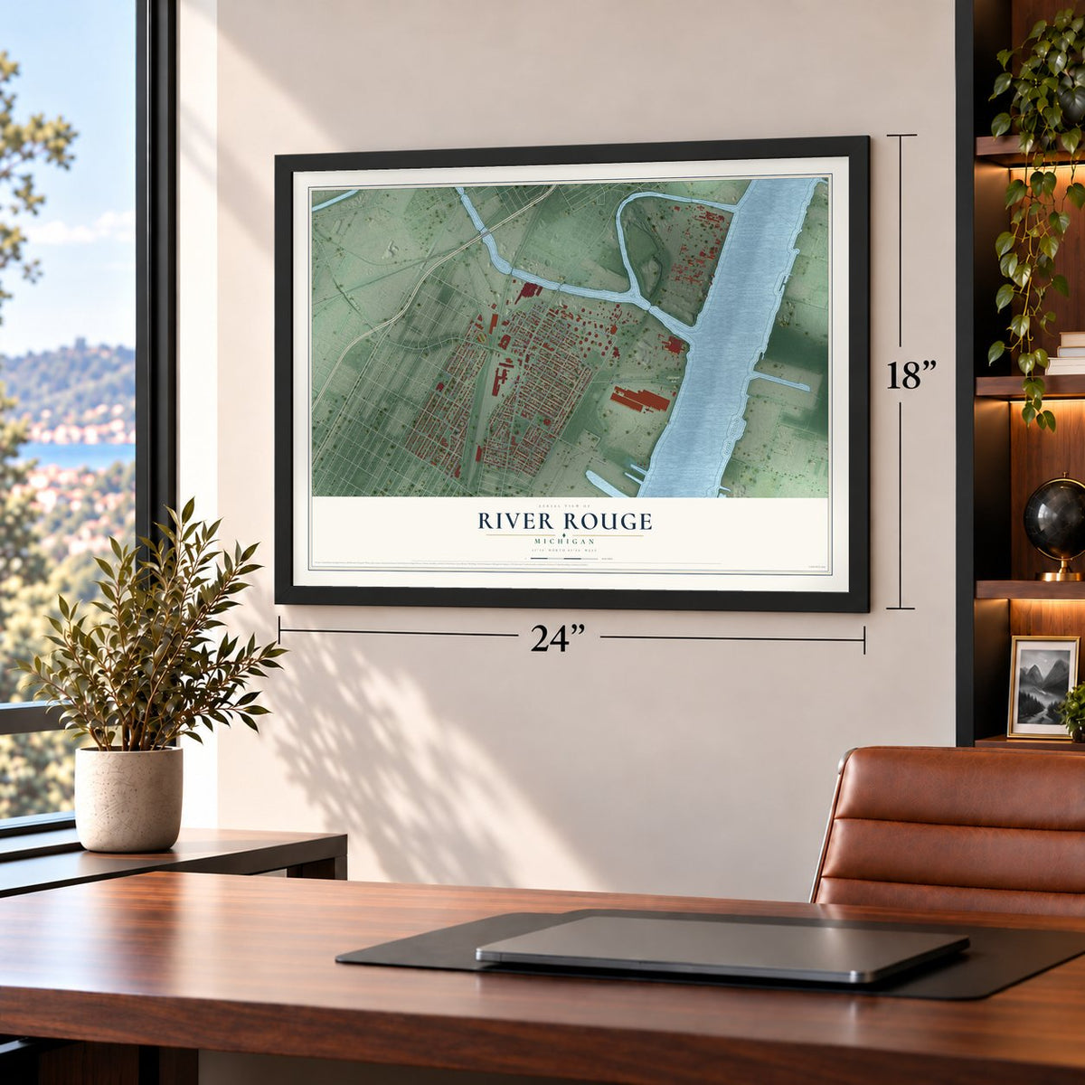River Rouge, Michigan map, 18 x 24 inch print in a black frame in a home office