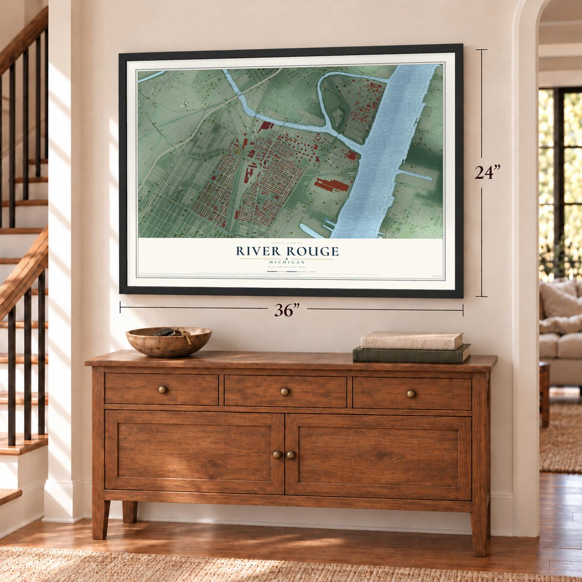 River Rouge, Michigan map, 24 x 36 inch print in a black frame above a dresser by a staircase