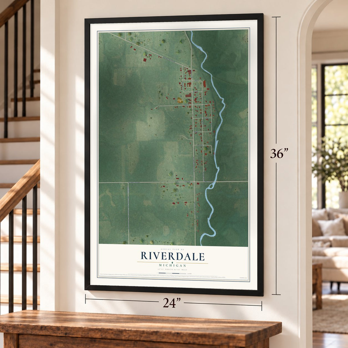 Riverdale, Michigan map, 24 x 36 inch print in a black frame by a staircase