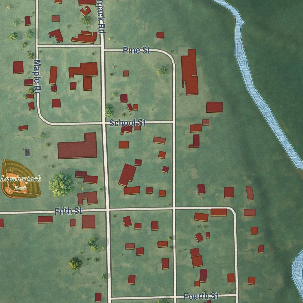 Close-up of the map of Riverdale, Michigan print showing street and building detail