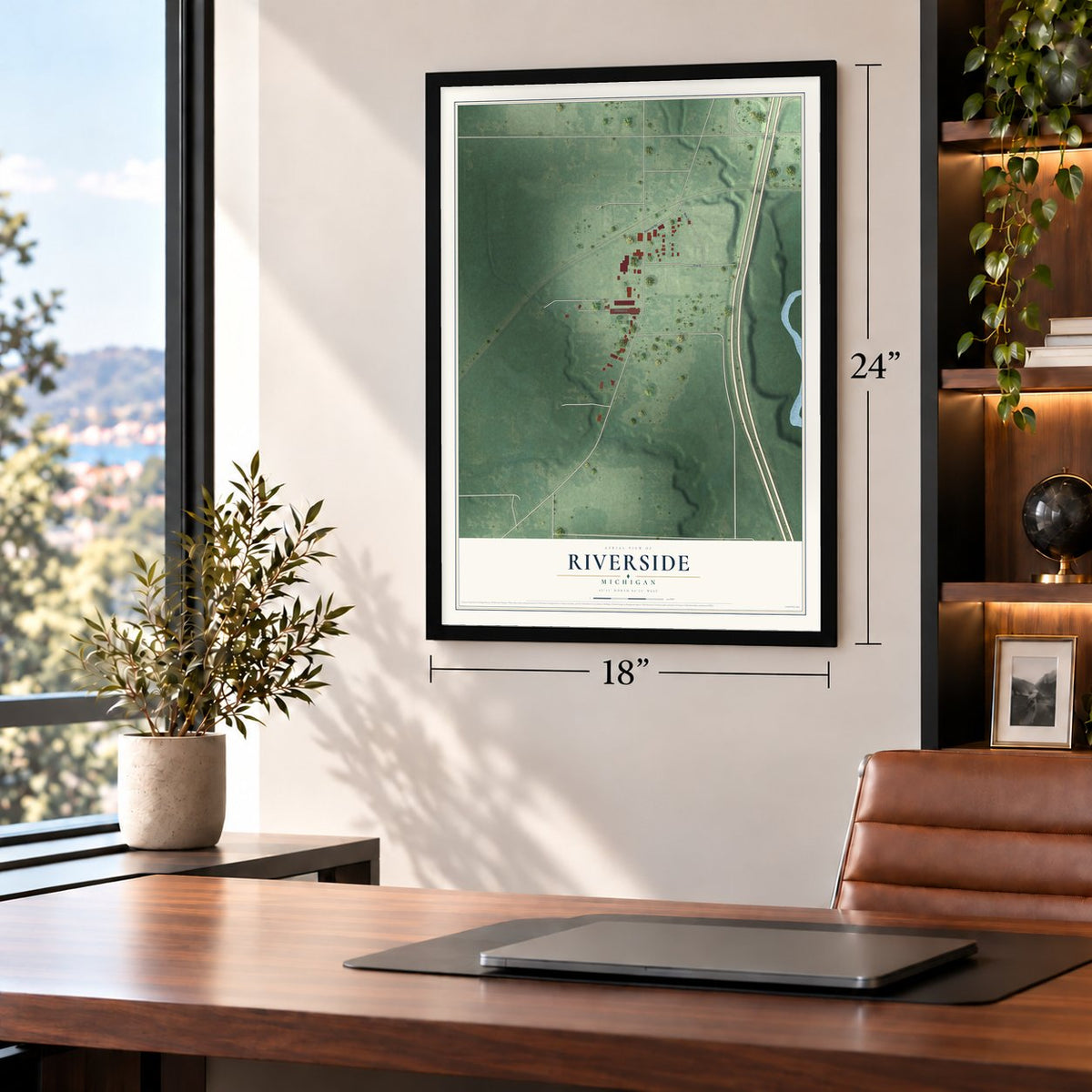 Riverside, Berrien County, Michigan map, 18 x 24 inch print in a black frame in a home office
