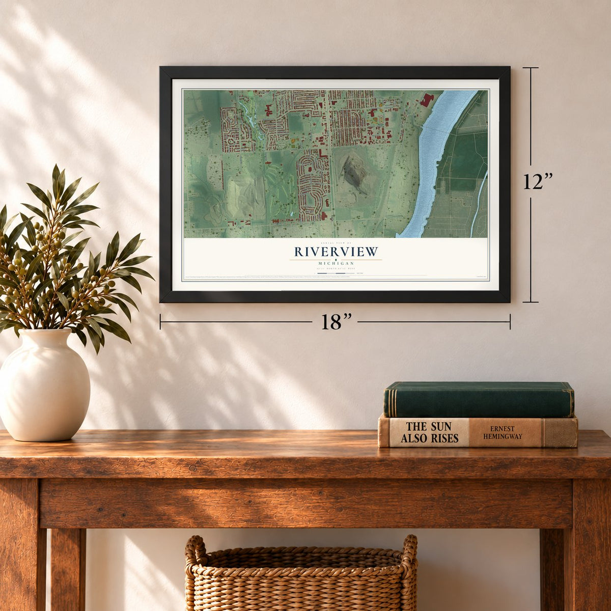 Riverview, Michigan map, 12 x 18 inch print in a black frame in an entryway