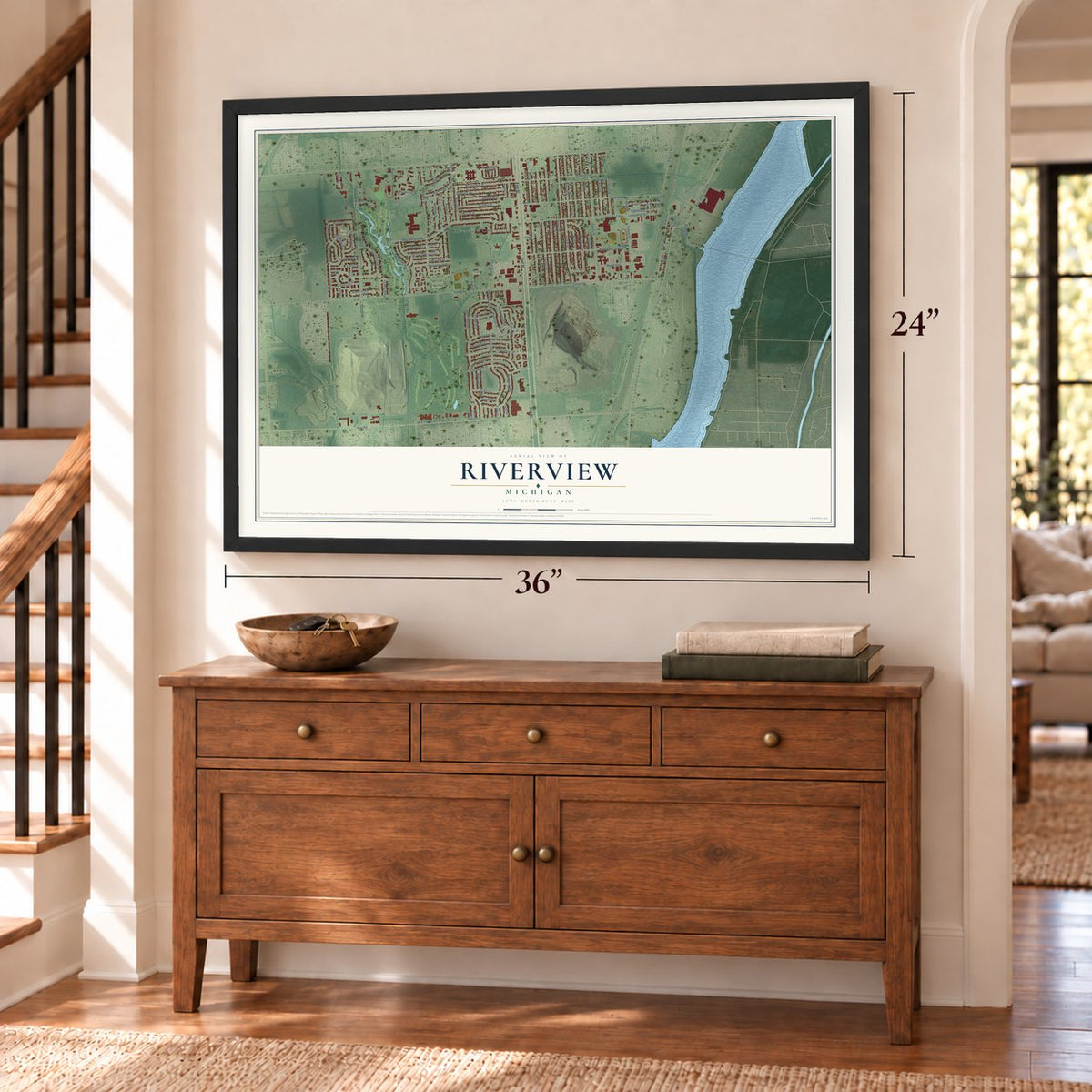 Riverview, Michigan map, 24 x 36 inch print in a black frame above a dresser by a staircase