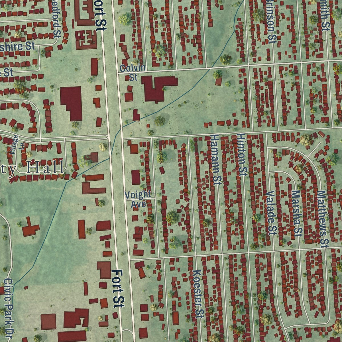Close-up of the map of Riverview, Michigan print showing street and building detail