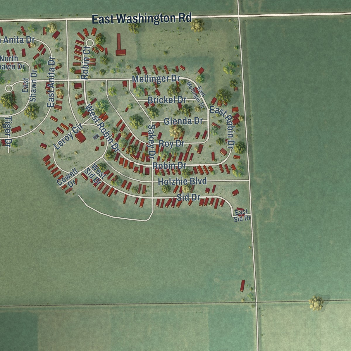 Close-up of the map of Robin Glen-Indiantown, Michigan print showing street and building detail