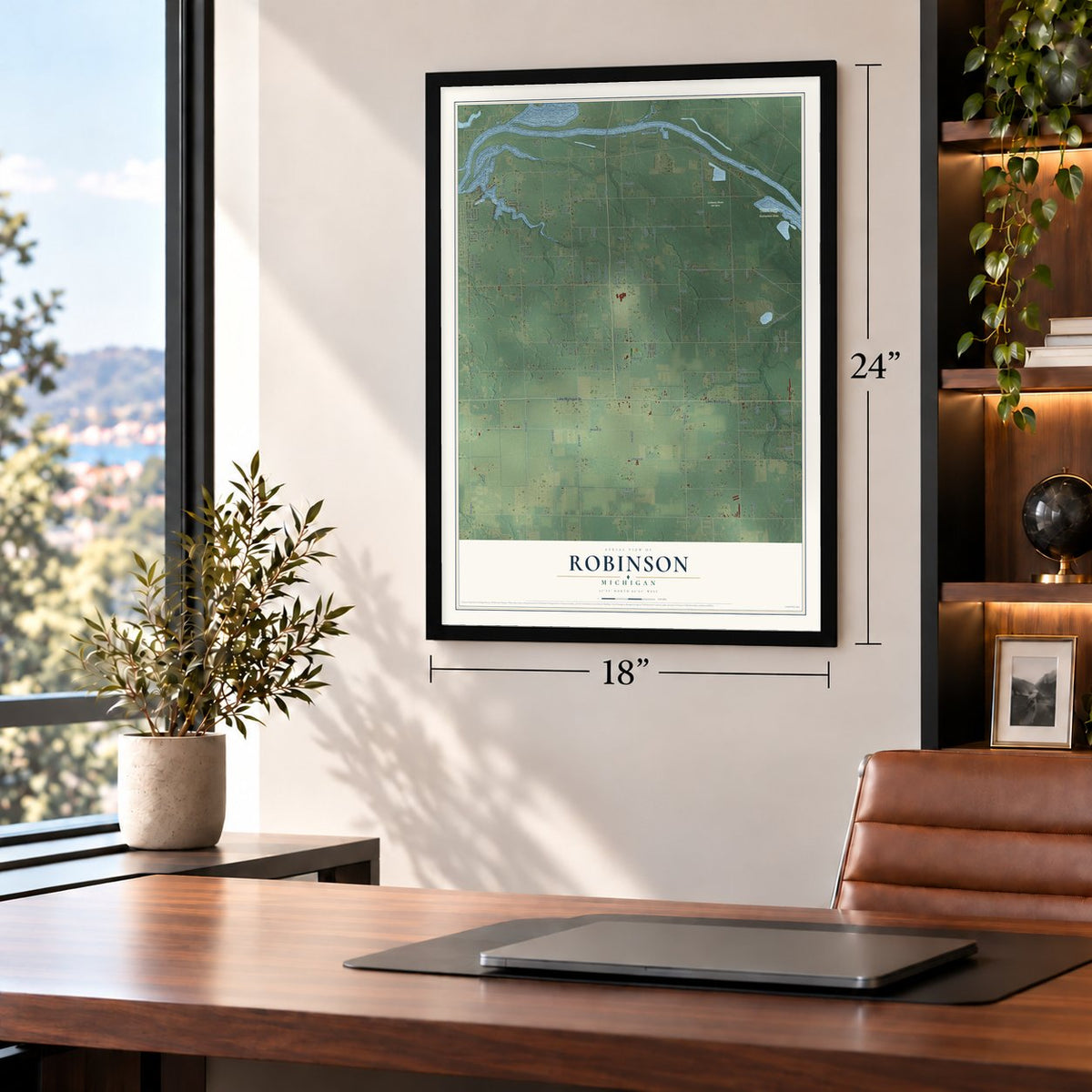 Robinson, Michigan map, 18 x 24 inch print in a black frame in a home office