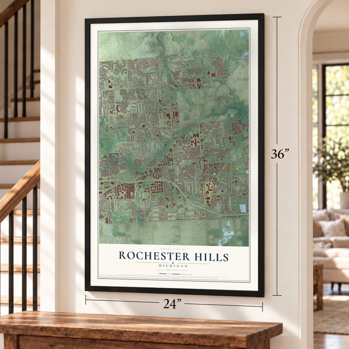 Rochester Hills, Michigan map, 24 x 36 inch print in a black frame by a staircase