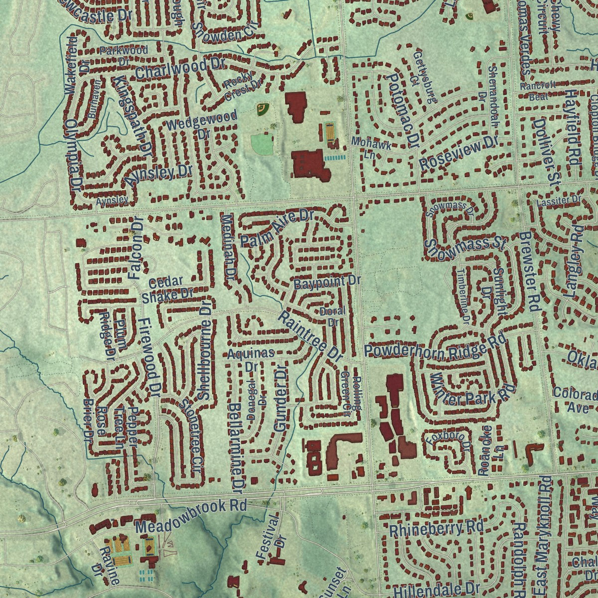 Close-up of the map of Rochester Hills, Michigan print showing street and building detail
