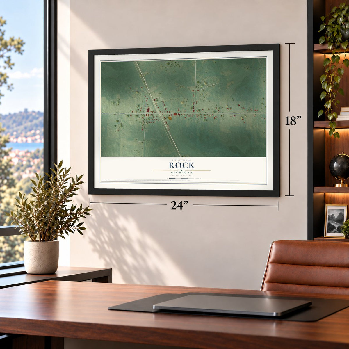 Rock, Michigan map, 18 x 24 inch print in a black frame in a home office