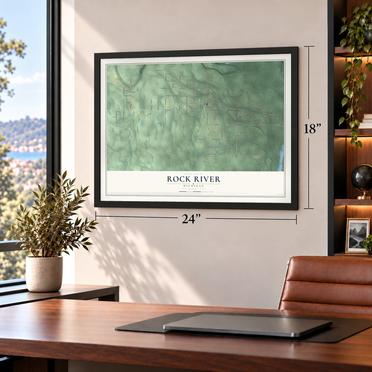 Rock River, Michigan map, 18 x 24 inch print in a black frame in a home office