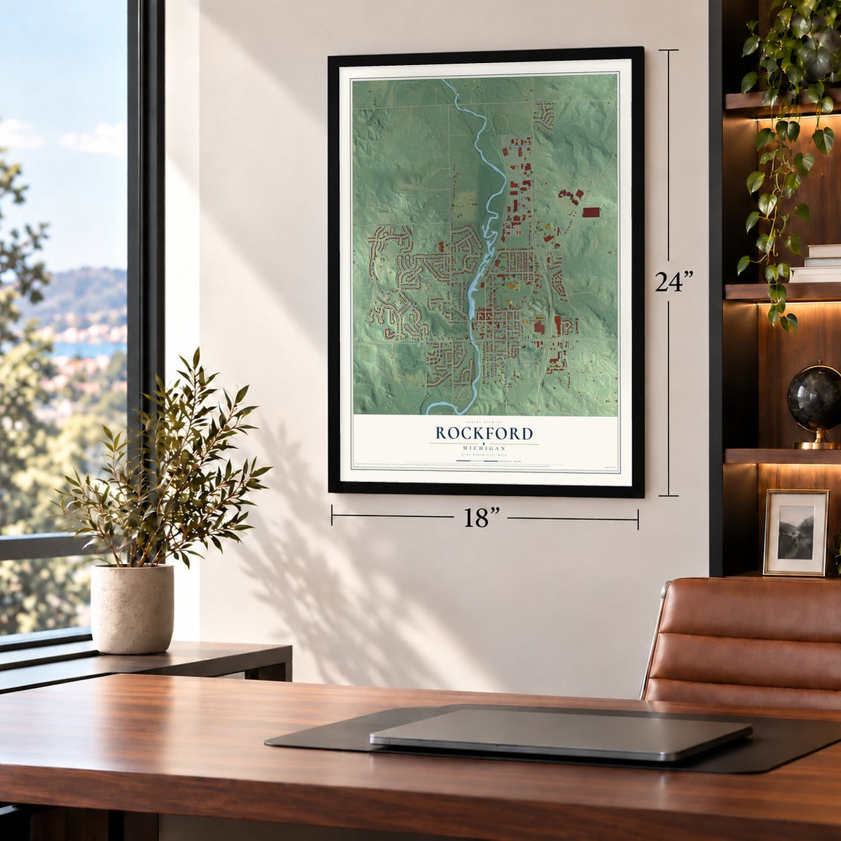 Rockford, Michigan map, 18 x 24 inch print in a black frame in a home office