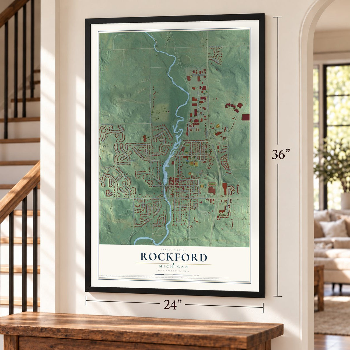 Rockford, Michigan map, 24 x 36 inch print in a black frame by a staircase