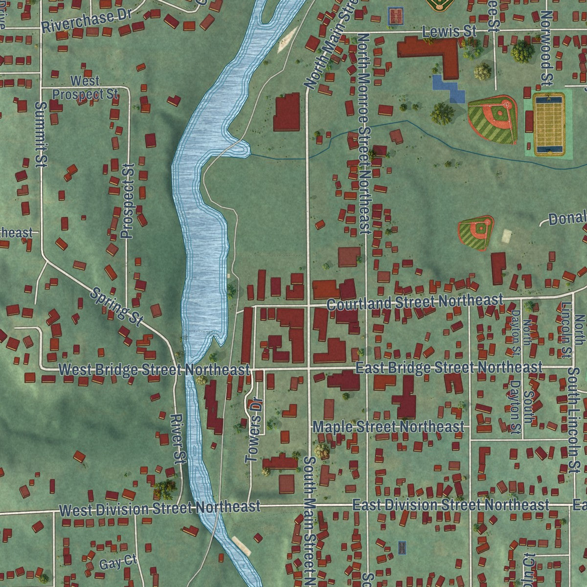 Close-up of the map of Rockford, Michigan print showing street and building detail
