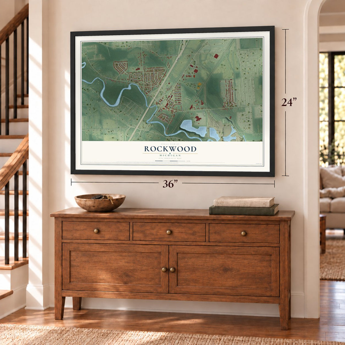 Rockwood, Michigan map, 24 x 36 inch print in a black frame above a dresser by a staircase