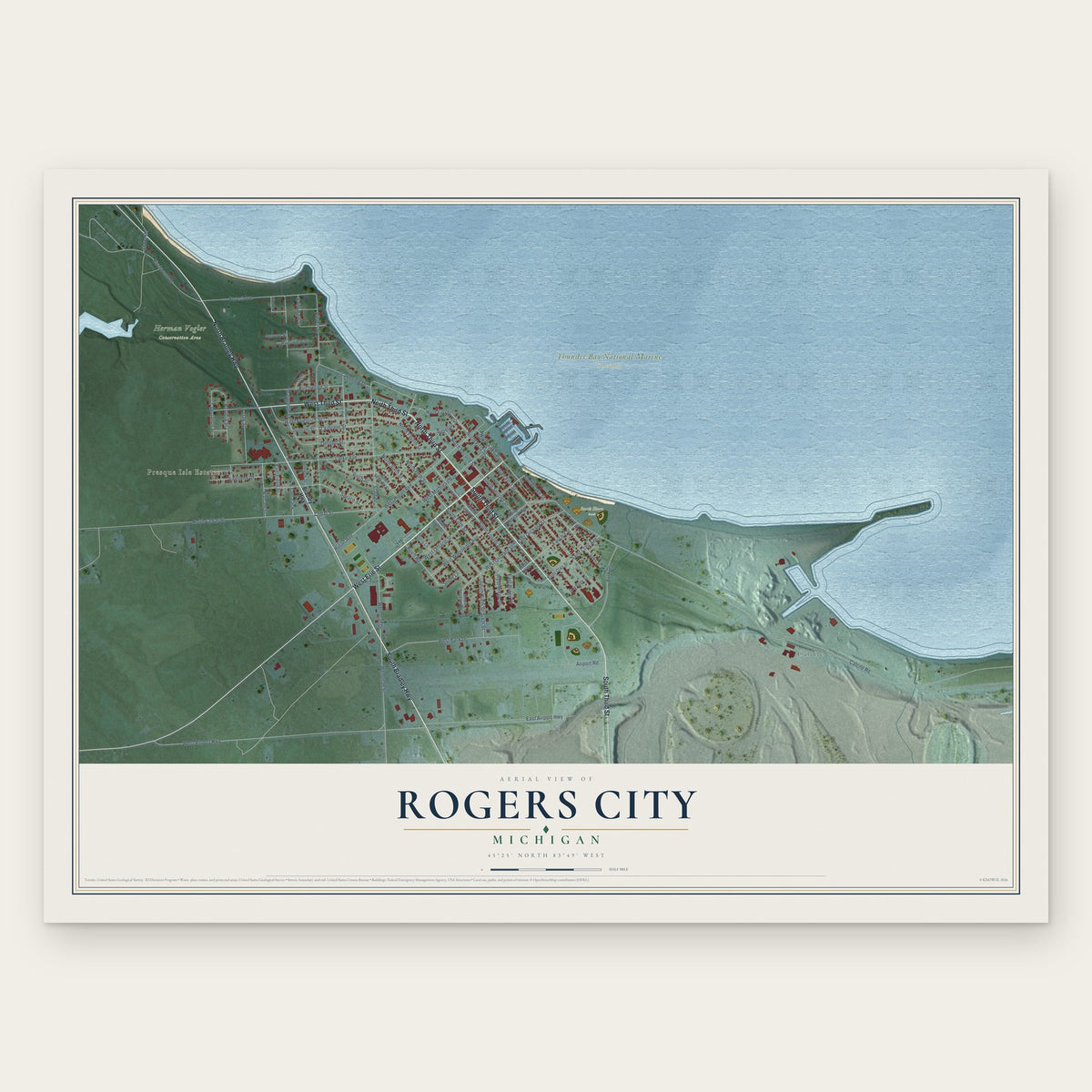 Rogers City, Michigan map print, the full design