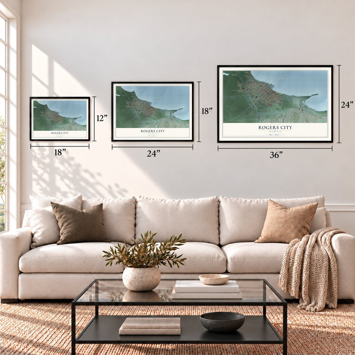 Rogers City, Michigan map in 12 x 18, 18 x 24 and 24 x 36 inch sizes above a sofa