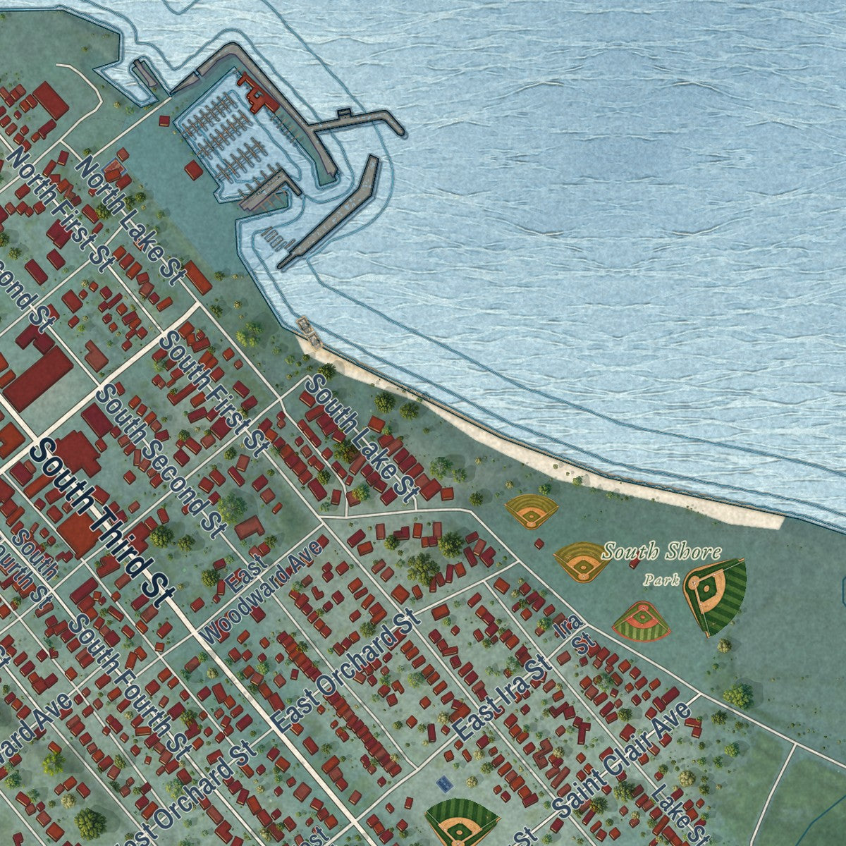 Close-up of the map of Rogers City, Michigan print showing street and building detail