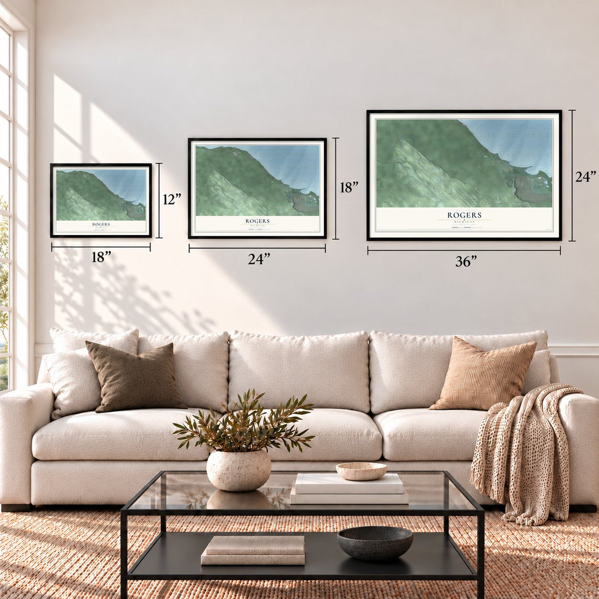 Rogers, Michigan map in 12 x 18, 18 x 24 and 24 x 36 inch sizes above a sofa