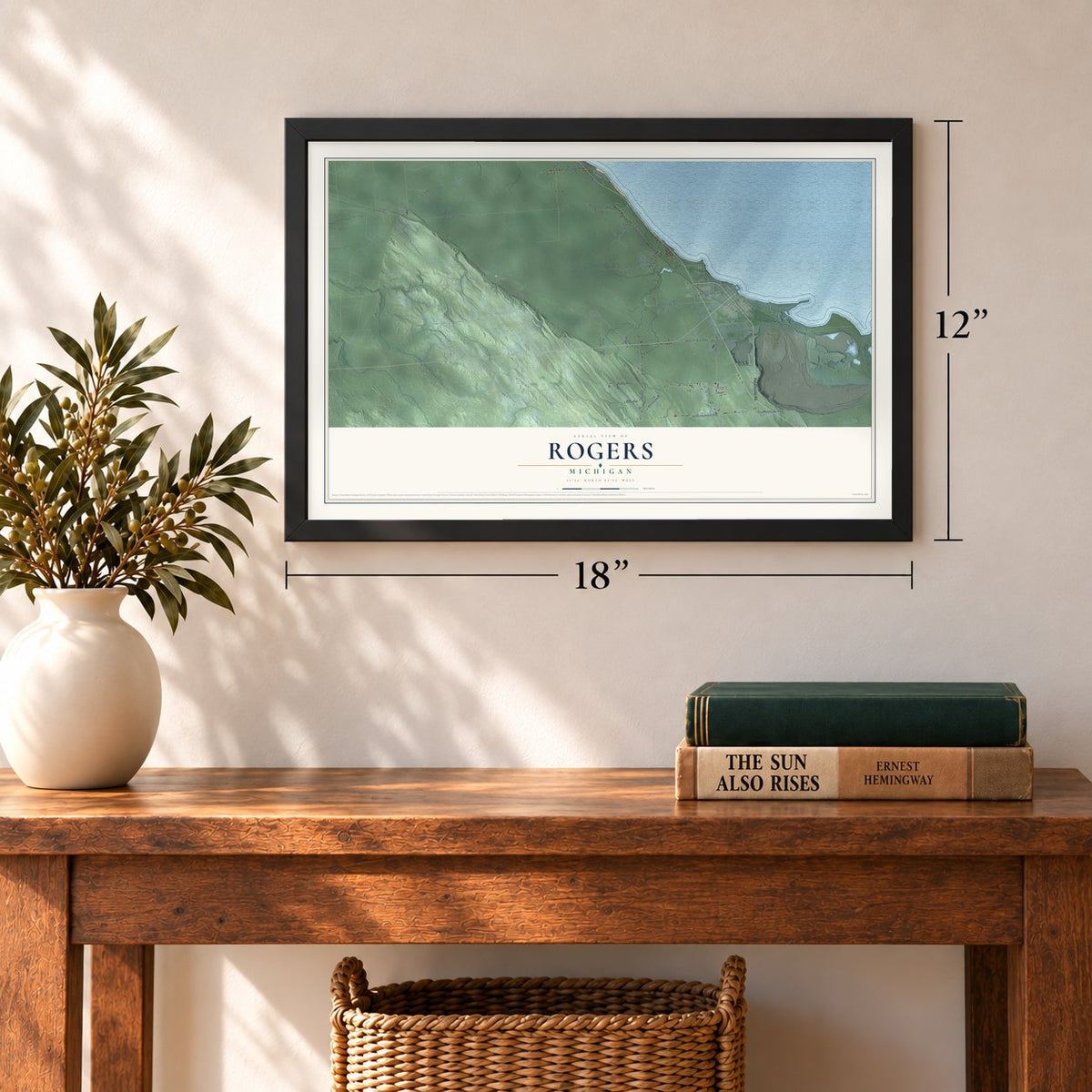 Rogers, Michigan map, 12 x 18 inch print in a black frame in an entryway