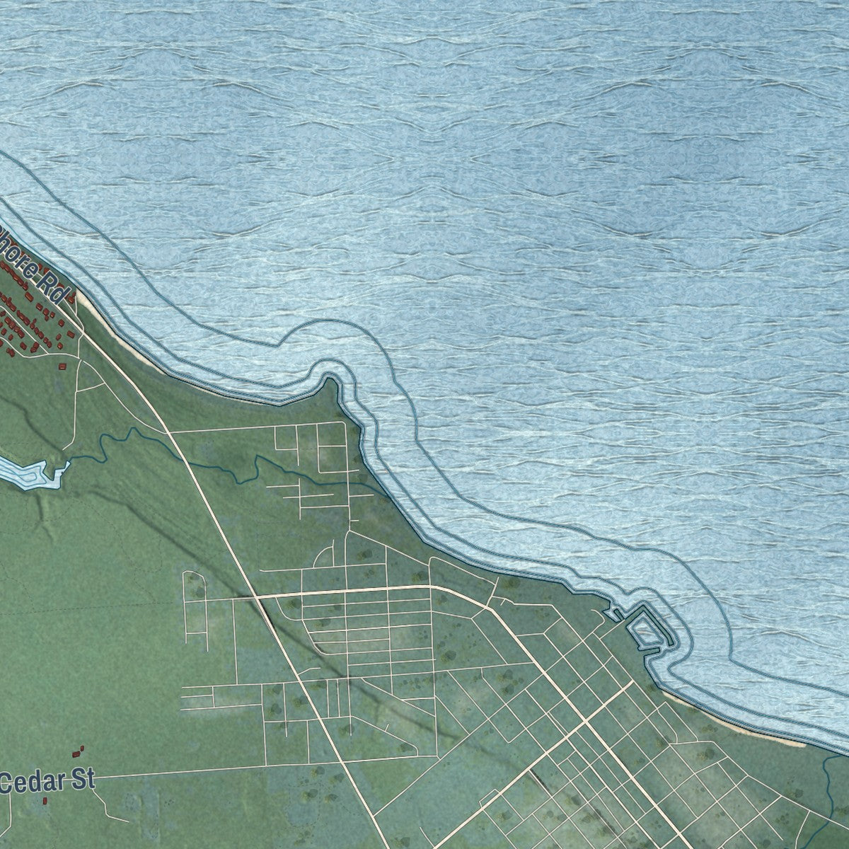 Close-up of the map of Rogers, Michigan print showing street and building detail