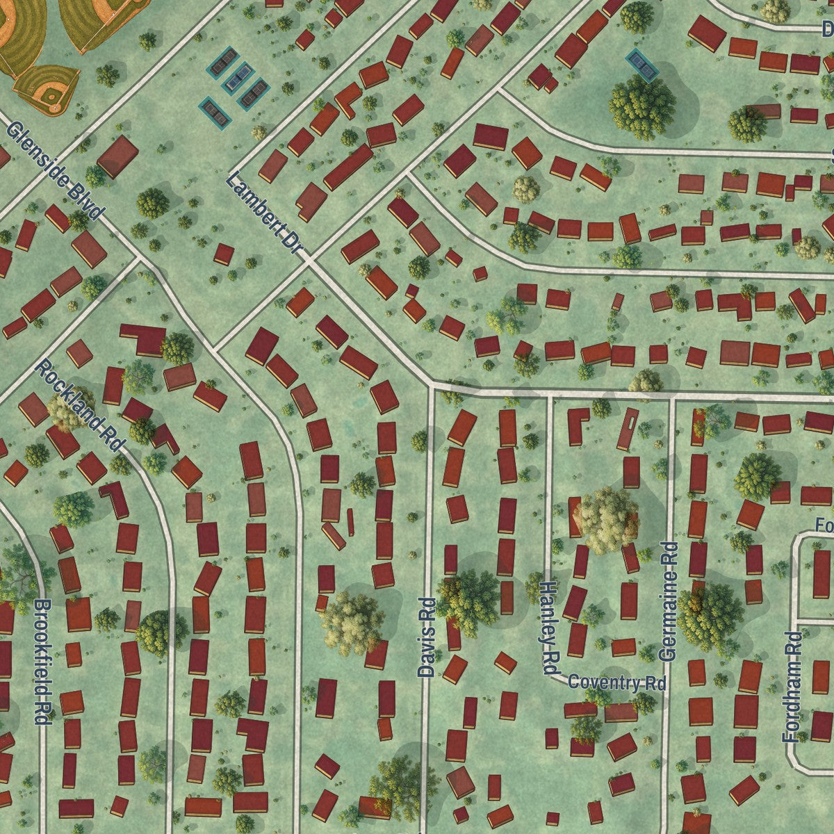 Close-up of the map of Roosevelt Park, Michigan print showing street and building detail