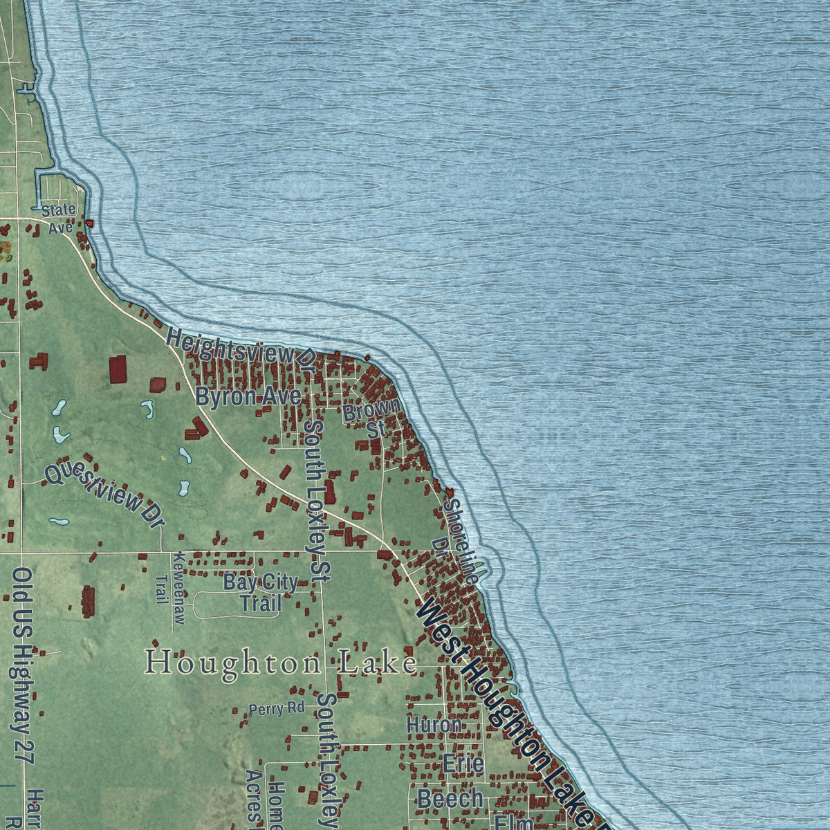 Close-up of the map of Roscommon, Roscommon County, Michigan print showing street and building detail