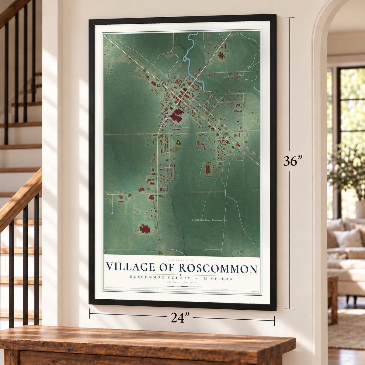 Roscommon, Michigan map, 24 x 36 inch print in a black frame by a staircase
