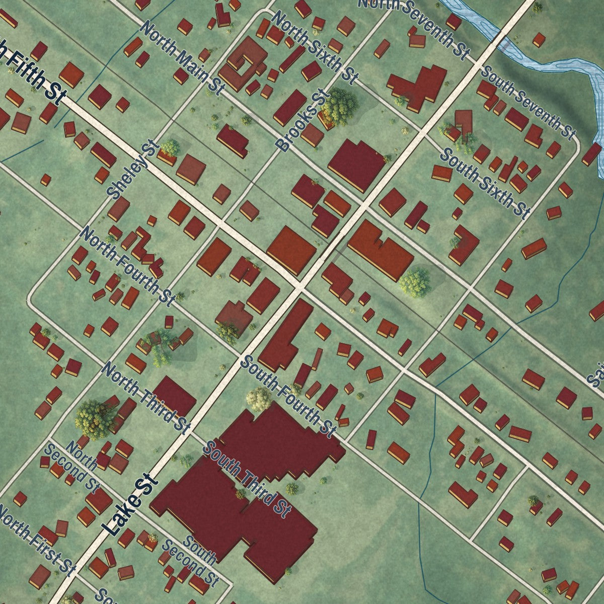 Close-up of the map of Roscommon, Michigan print showing street and building detail