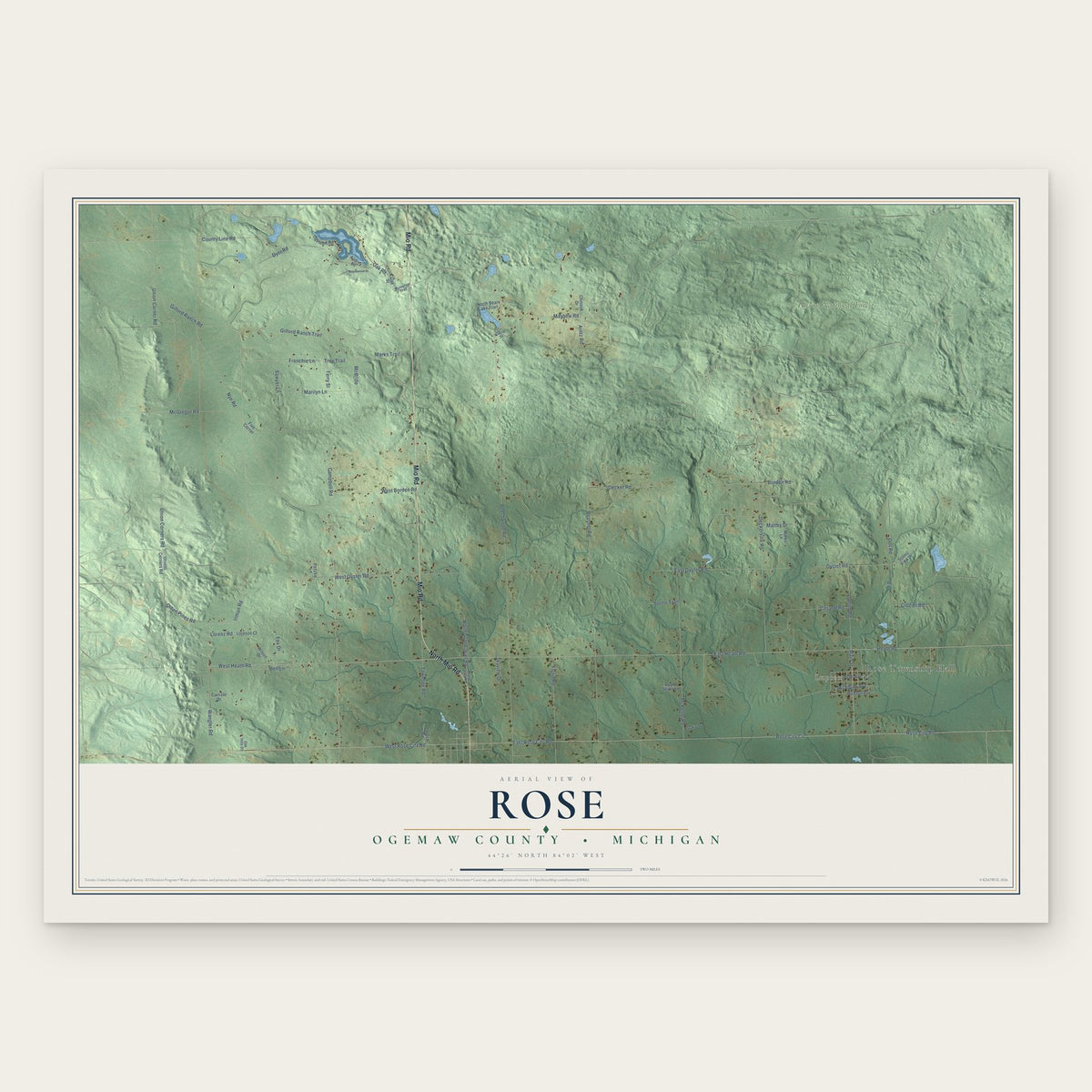 Rose, Ogemaw County, Michigan map print, the full design