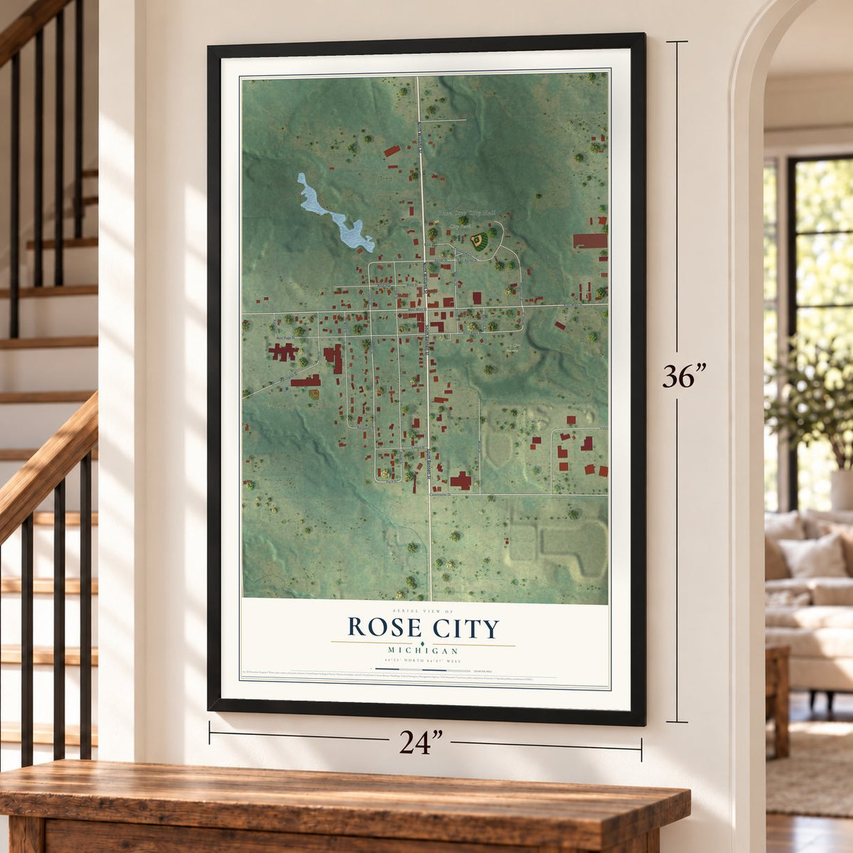 Rose City, Michigan map, 24 x 36 inch print in a black frame by a staircase