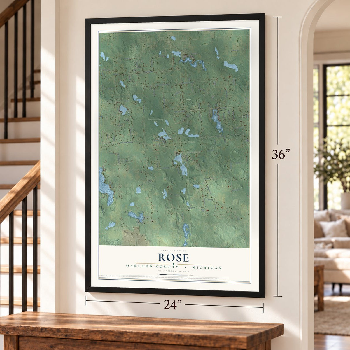 Rose, Oakland County, Michigan map, 24 x 36 inch print in a black frame by a staircase