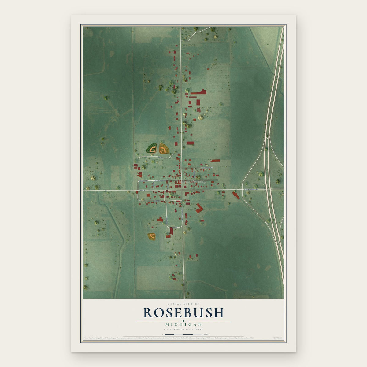 Rosebush, Michigan map print, the full design