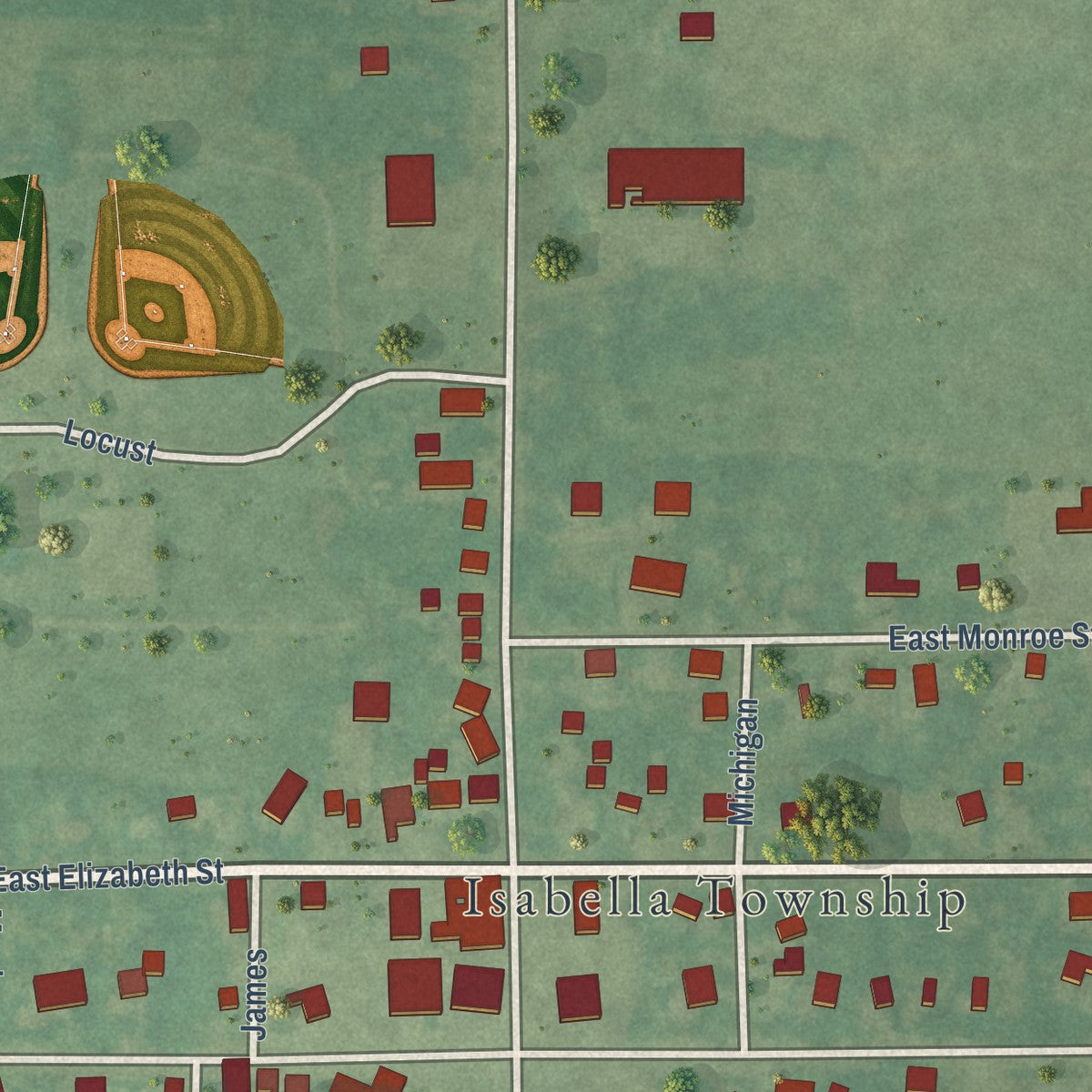Close-up of the map of Rosebush, Michigan print showing street and building detail