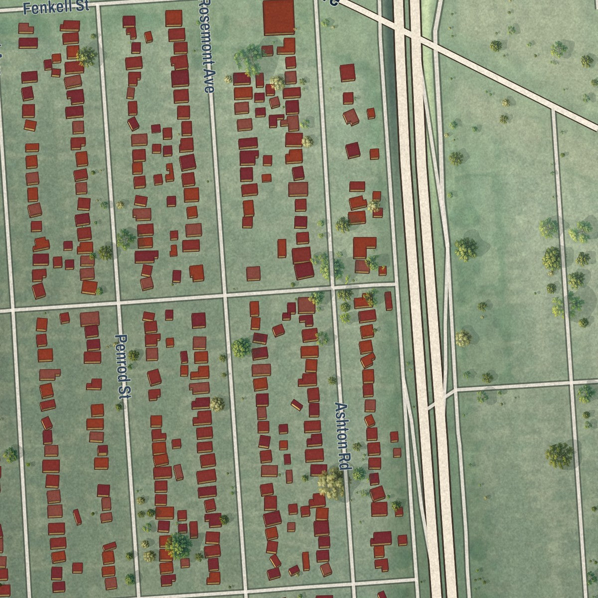 Close-up of the map of Rosedale Park, Michigan print showing street and building detail
