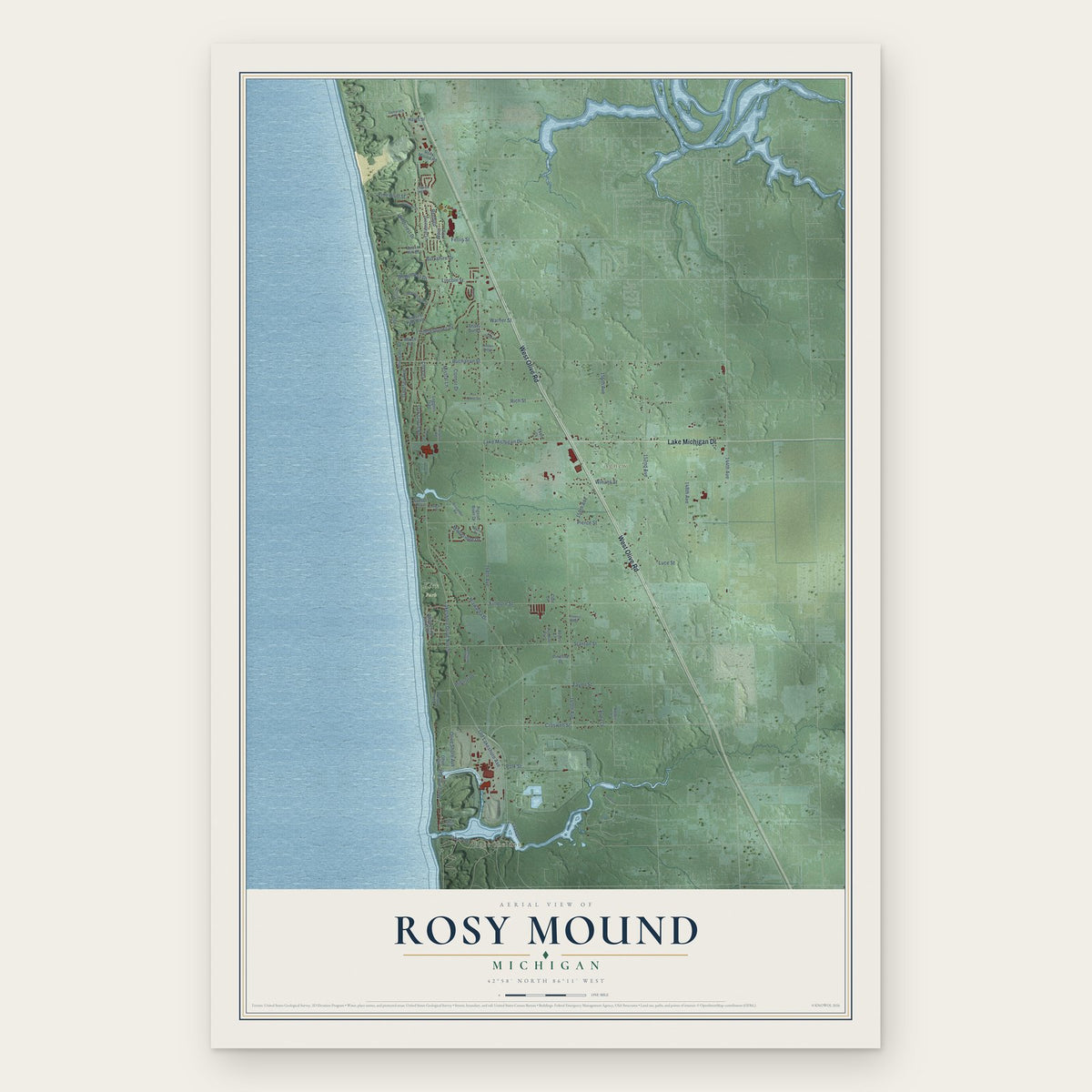 Rosy Mound, Michigan map print, the full design