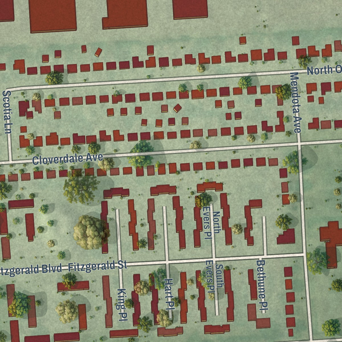 Close-up of the map of Royal Oak, Oakland County, Michigan print showing street and building detail