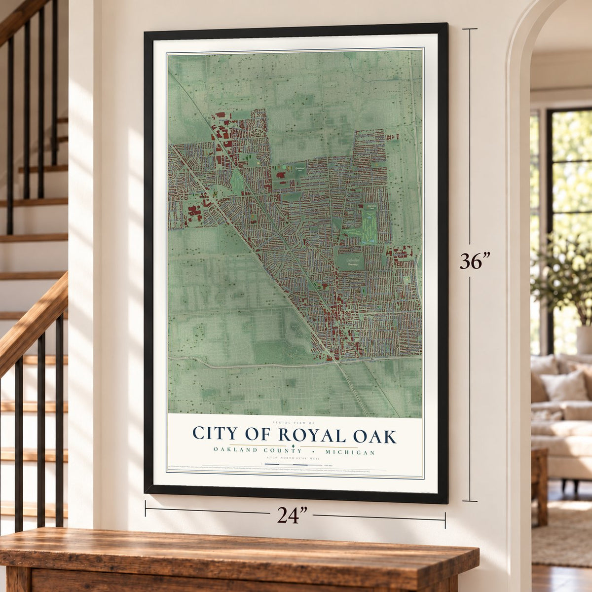 Royal Oak, Michigan map, 24 x 36 inch print in a black frame by a staircase