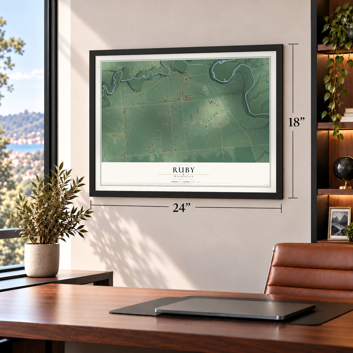 Ruby, Michigan map, 18 x 24 inch print in a black frame in a home office
