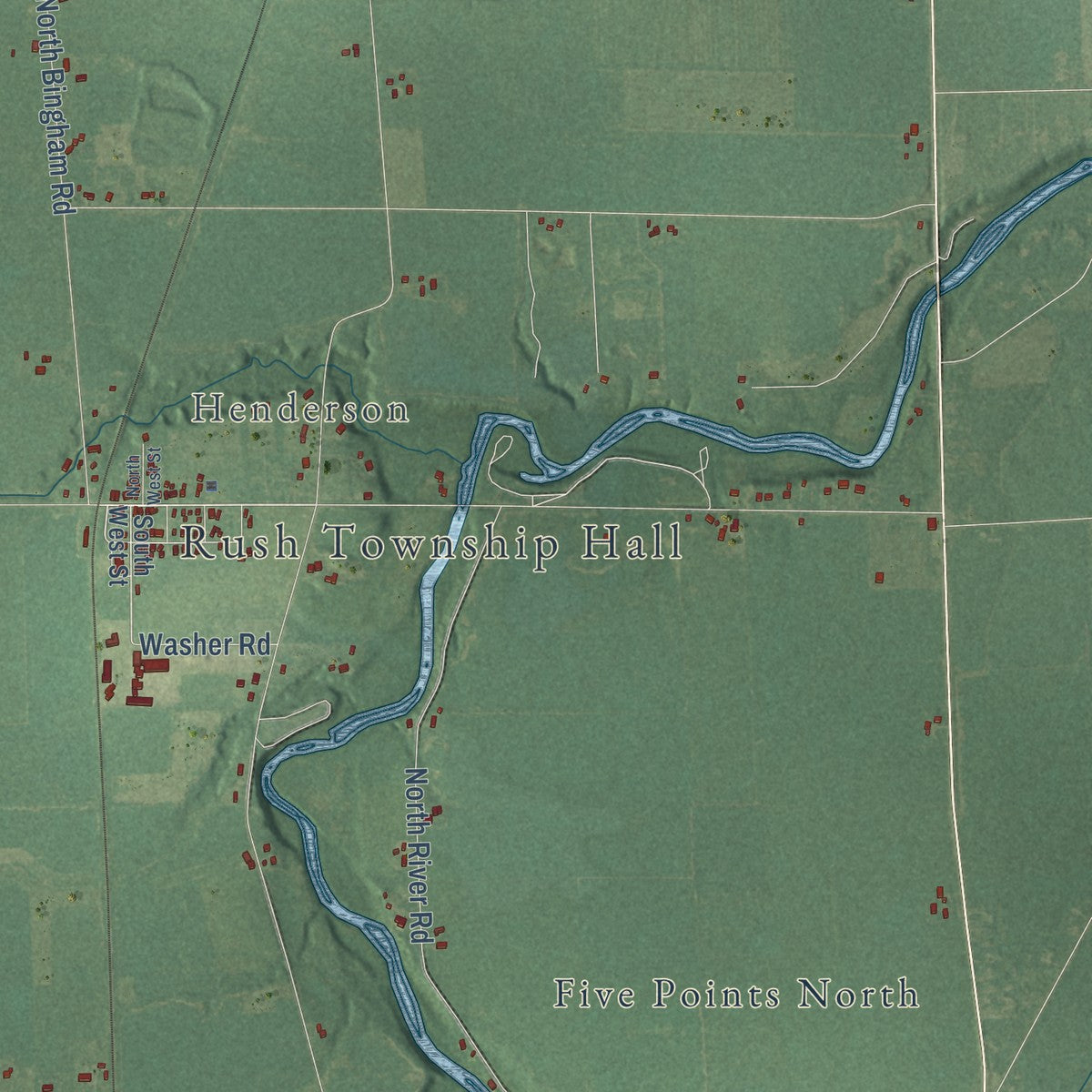 Close-up of the map of Rush, Michigan print showing street and building detail