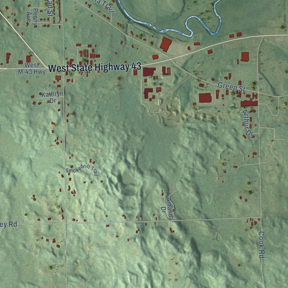 Close-up of the map of Rutland, Michigan print showing street and building detail