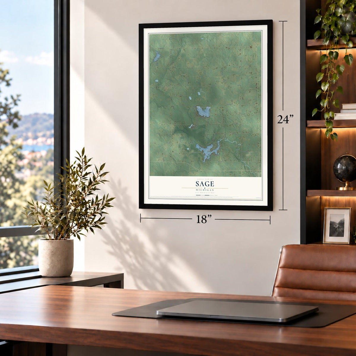 Sage, Michigan map, 18 x 24 inch print in a black frame in a home office